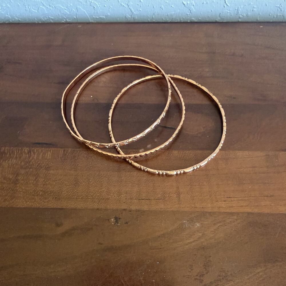 Set of 3 Rose Gold Textured Line-hammered Bangle Bracelets